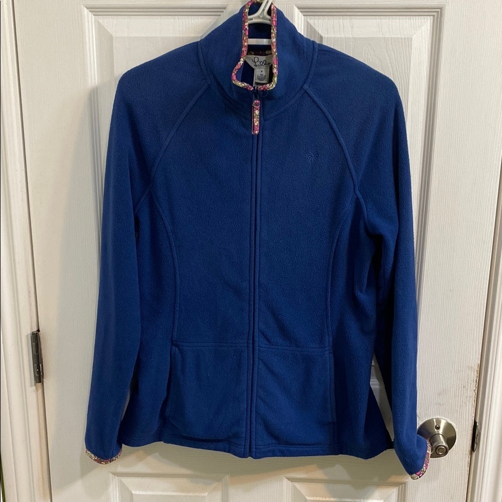 Lilly Pulitzer Fleece Full Zip Blue Sz M Jacket Women’s Floral Trim Pockets Logo